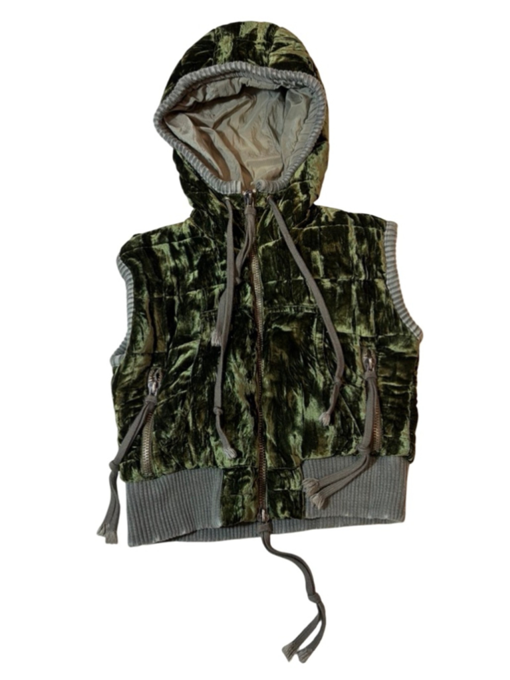 Greg Lauren Crushed Velvet Hooded Zip Front Vest Green Size 1 Avant Garde